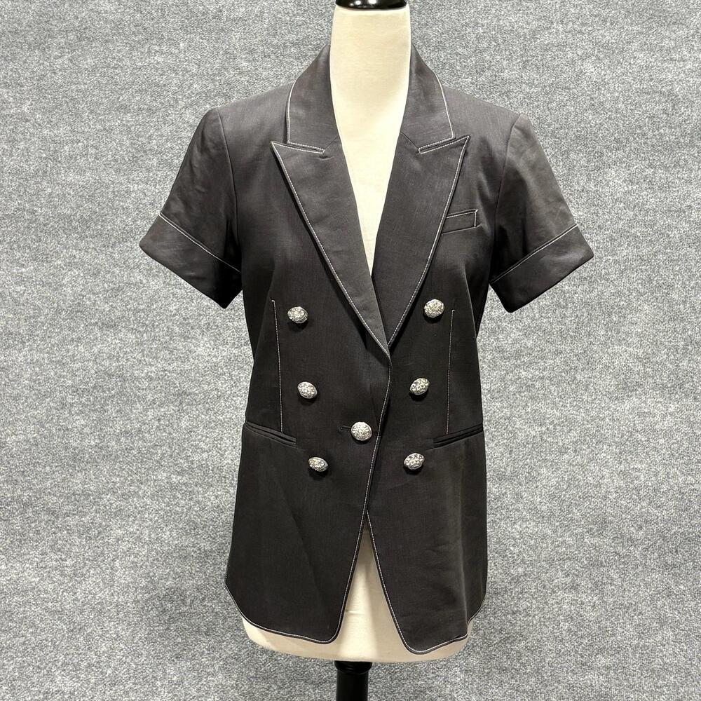 Veronica Beard Dickey Blazer Womens 8 Black Short Sleeve Double Breasted Linen